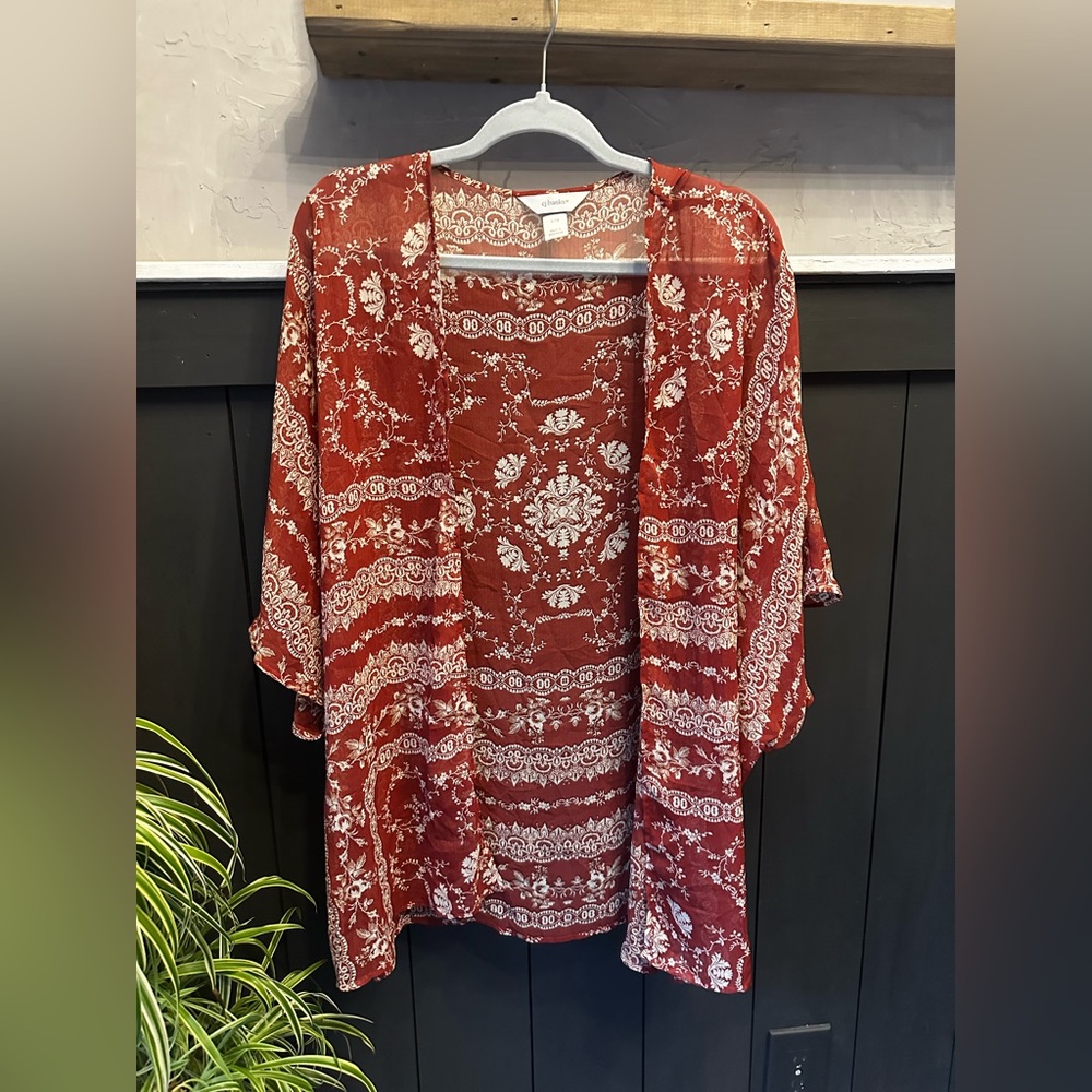 CJ Banks Burnt Orange and White Paisley‎ Kimono Cover up Blouse size 1X